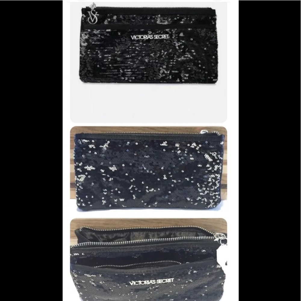 Victoria’s Secret cosmetic Bag Black Silver Sequin Makeup Bag clutch NWT